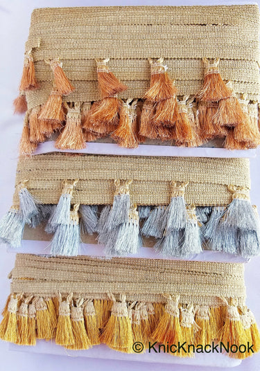 Copper Brown / Silver Grey / Golden Brown And Beige Shimmer Thread Fringe Trim Tassels One Yard Trim, Approx. 60mm Wide - 210119L285/86/87